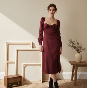 House Of CB Arlinda Dress Sz Medium Satin Raisin Brown Puff Sleeve Midi Opera